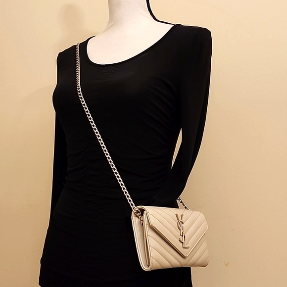 YSL Cloud Gray Caviar Flap Crossbody Large Purse Clutch WOC + Box - Picture 15 of 16